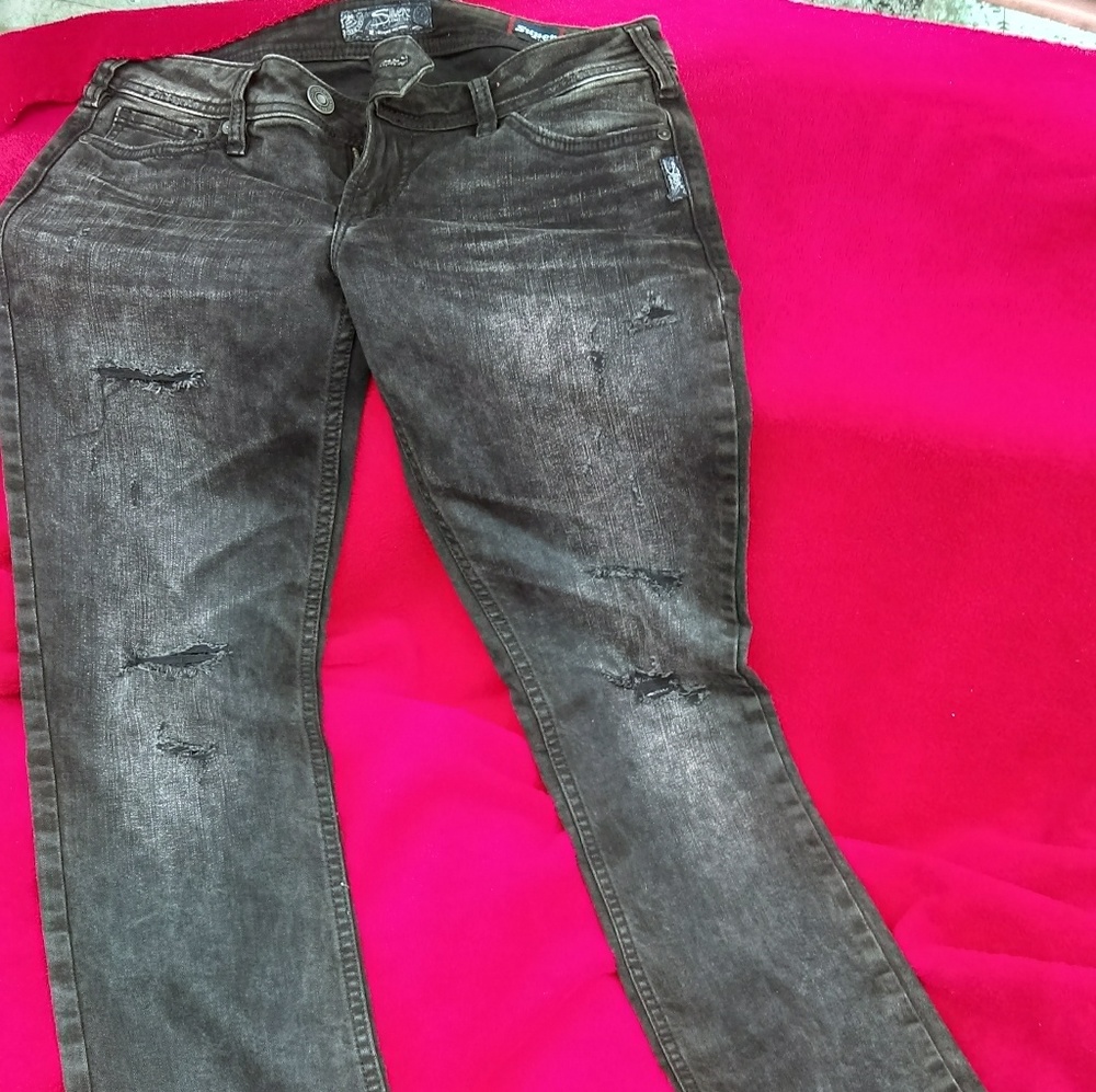 Silver jeans with black lace detail